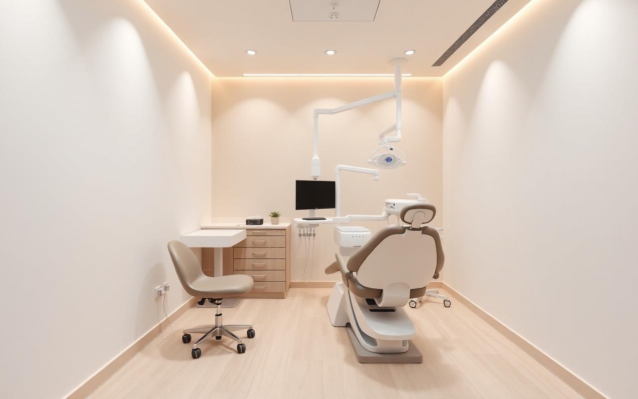 Premium minimalistische tandartskliniek met warme verlichting